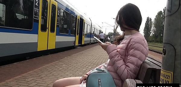  Tall skinny girl almost caught masturbating in public at a train station